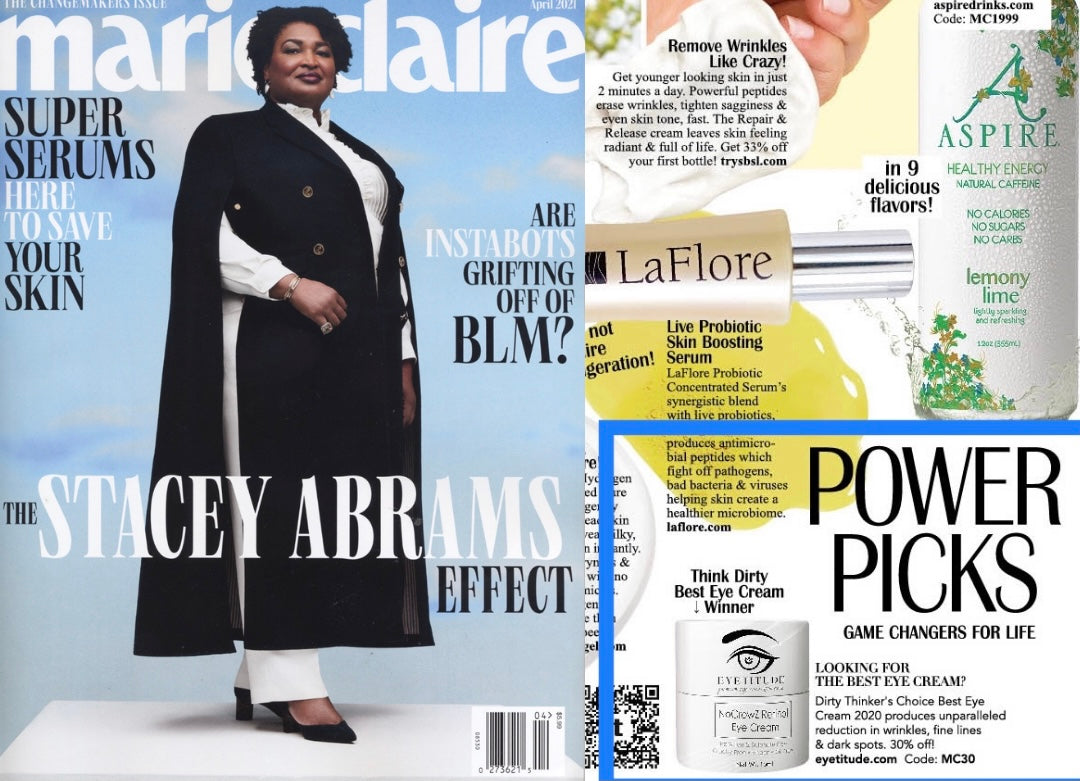 Marie Claire April 2021 Names NoCrowZ Retinol Eye Cream as a Game Changer!