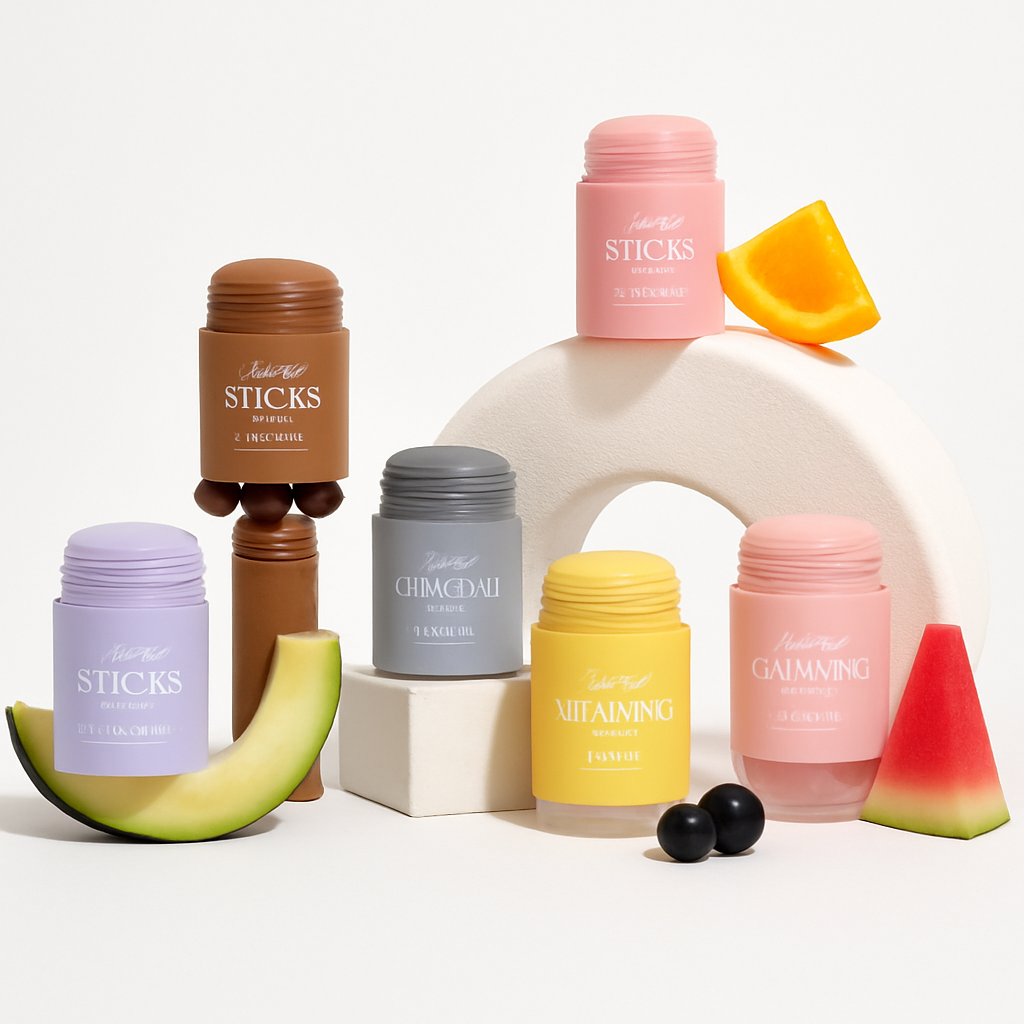 LuxeSticks skincare sticks arranged with natural ingredients on white background