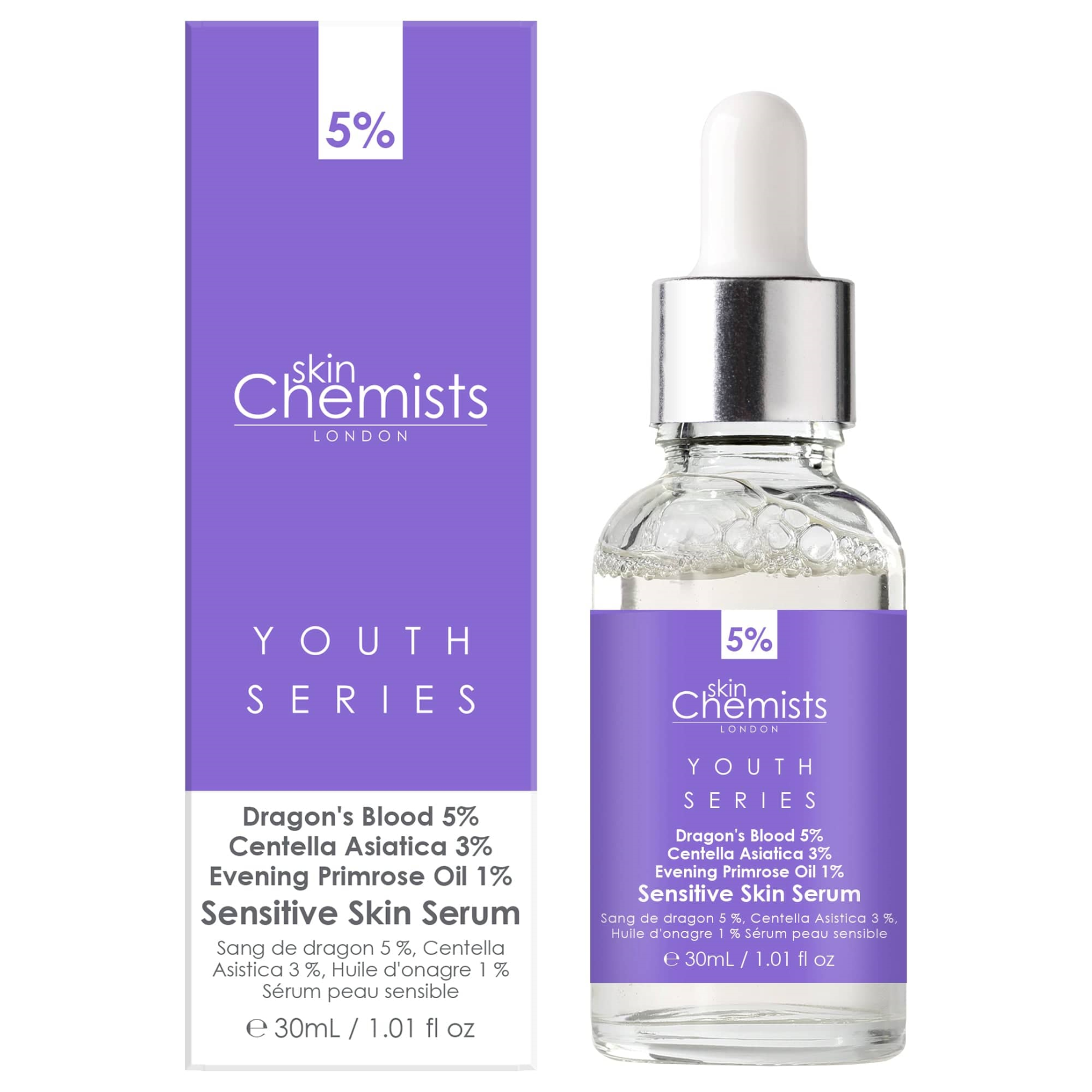 skinChemists Sensitive Skin Serum Dragon's Blood 5%, Centella Asistica 3%, Evening Primrose Oil 1% 1.01 fl oz