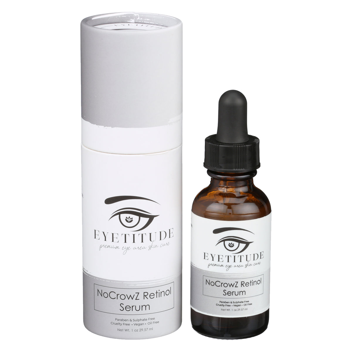 Eyetitude NoCrowZ Retinol Eye Serum with Hyaluronic Acid – 1oz dropper bottle and cylindrical box packaging, cruelty-free vegan formula for crow's feet and fine lines
