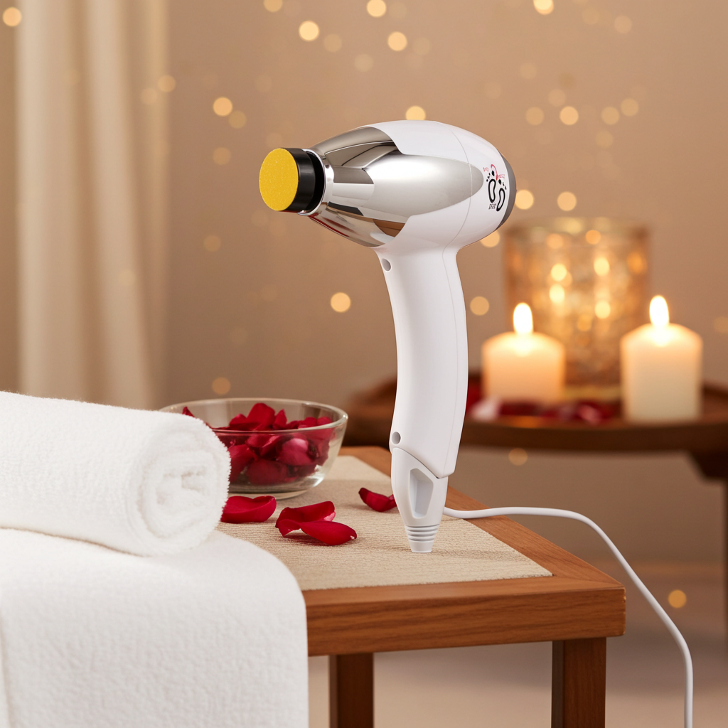 My2Feet PRO Electric Callus Remover displayed in a spa setting with candles and rose petals – professional at-home foot care
