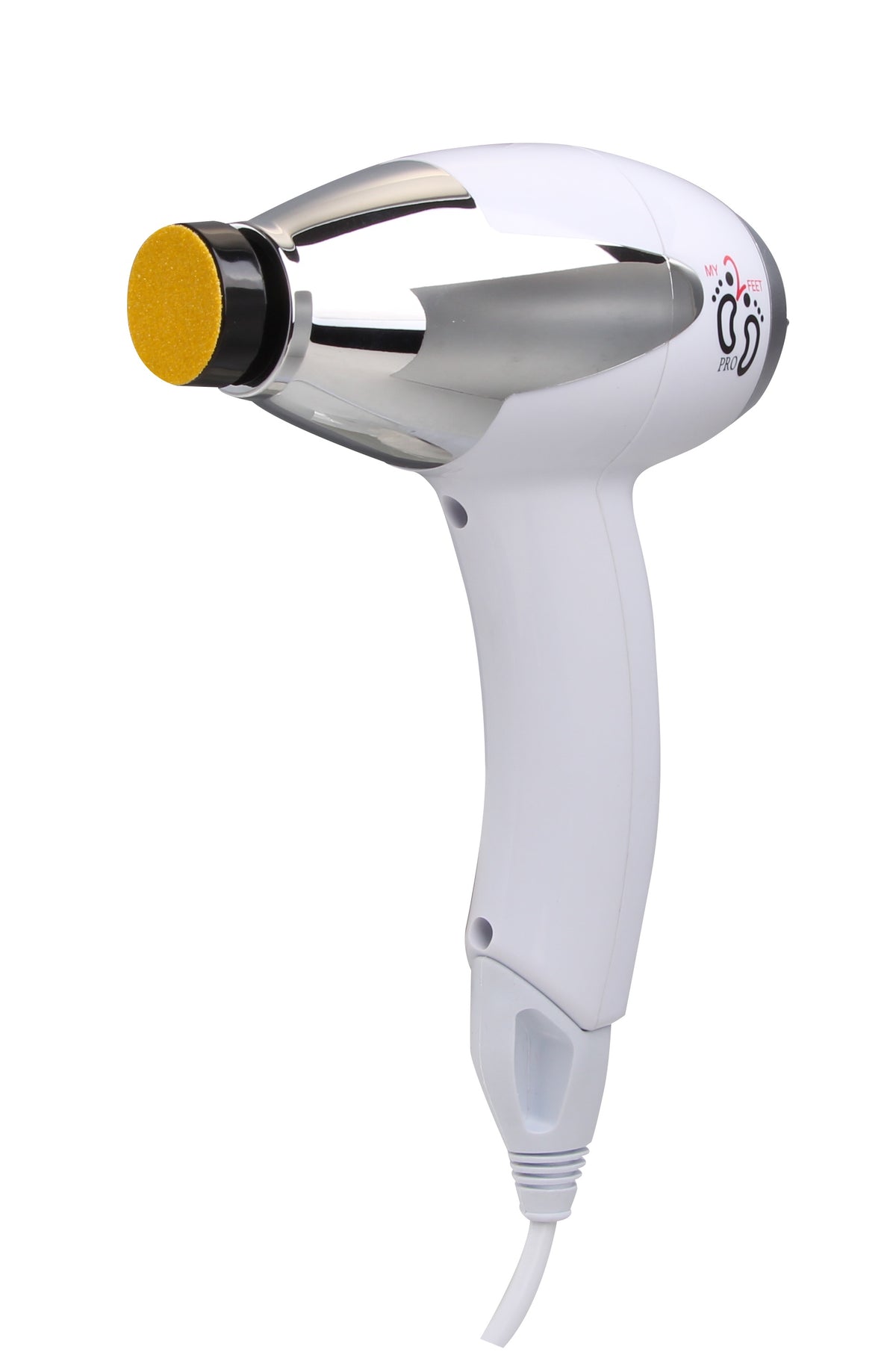 My2Feet PRO Professional Electric Callus Remover device with yellow coarse disk attachment and corded handle – white and chrome design
